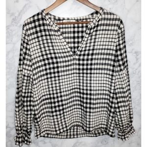 4Our Dreamers Top Women Size M Black Cream Plaid Long Sleeve Peasant Casual